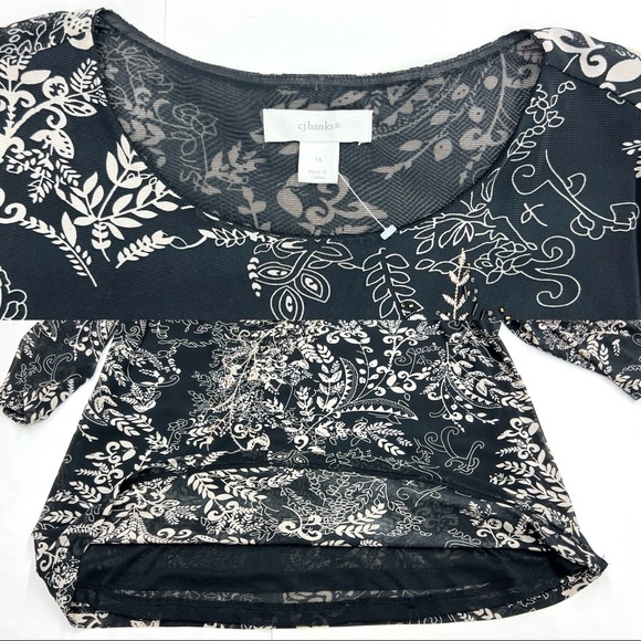 CJ Banks Black Multicolor Embellished 3/4 Sleeve Knit Printed Mesh Blouse - Picture 14 of 15